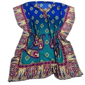 Good Times Blue Green Paisley Boho Print Kaftan Flowy Oversized One SZ Festival